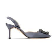 Manolo Blahnik Hangisli Slingback Pumps Satin With Jewel Buckle Grey