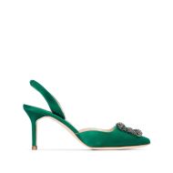 Manolo Blahnik Hangisli Slingback Pumps Satin With Jewel Buckle Green