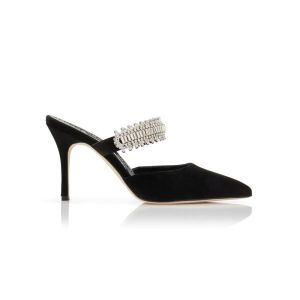 Manolo Blahnik Lutara Mules Satin With Crystal Embellished Black